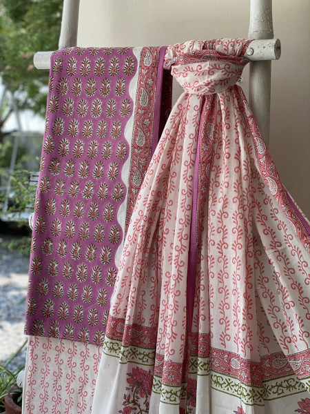 PINK & OFF WHITE HAND BLOCK PRINT MUL COTTON DUPATTA SET