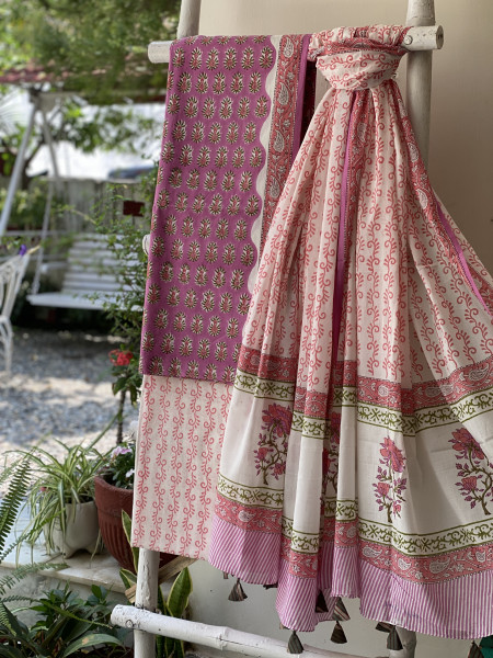 PINK & OFF WHITE HAND BLOCK PRINT MUL COTTON DUPATTA SET