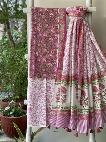 PINK & OFF WHITE HAND BLOCK PRINT MUL COTTON DUPATTA SET