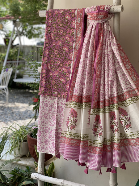 PINK & OFF WHITE HAND BLOCK PRINT MUL COTTON DUPATTA SET