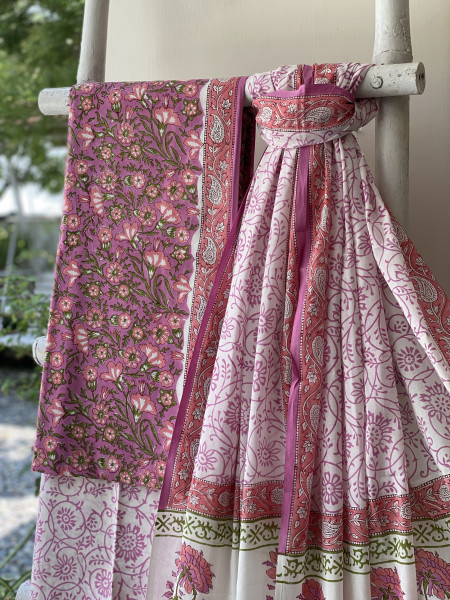 PINK & OFF WHITE HAND BLOCK PRINT MUL COTTON DUPATTA SET
