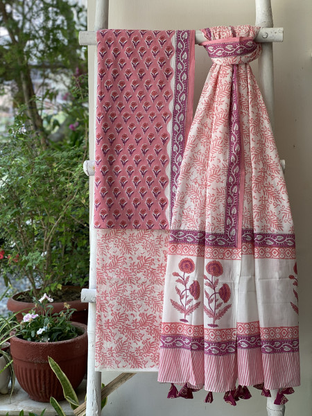 PEACH-PINK & OFF WHITE HAND BLOCK PRINT MUL COTTON DUPATTA SET