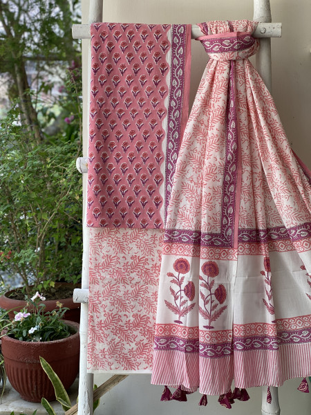 PEACH-PINK & OFF WHITE HAND BLOCK PRINT MUL COTTON DUPATTA SET