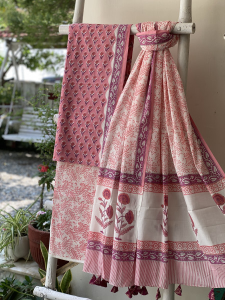 PEACH-PINK & OFF WHITE HAND BLOCK PRINT MUL COTTON DUPATTA SET