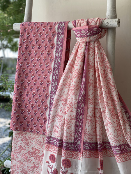 PEACH-PINK & OFF WHITE HAND BLOCK PRINT MUL COTTON DUPATTA SET