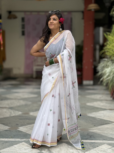 WHITE KOTA COTTON HAND EMBROIDERED SARI