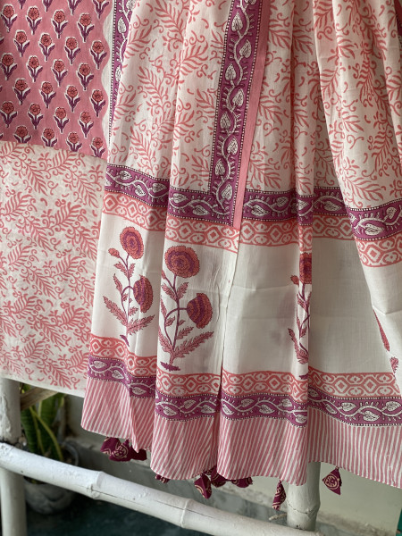PEACH-PINK & OFF WHITE HAND BLOCK PRINT MUL COTTON DUPATTA SET