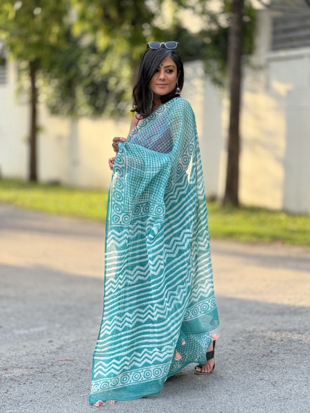AQUA HAND BLOCK PRINT COTTON KOTA SARI