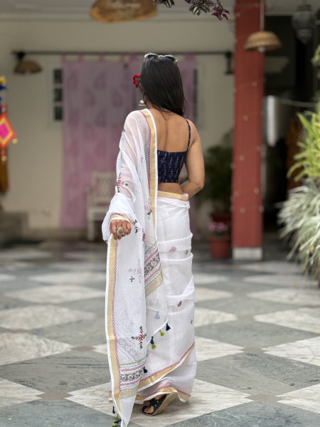WHITE KOTA COTTON HAND EMBROIDERED SARI