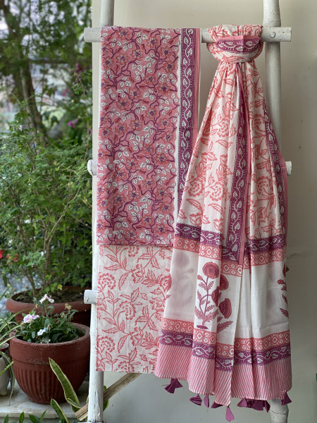 PEACH-PINK & OFF WHITE HAND BLOCK PRINT MUL COTTON DUPATTA SET