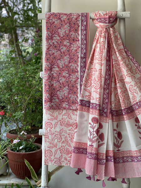 PEACH-PINK & OFF WHITE HAND BLOCK PRINT MUL COTTON DUPATTA SET