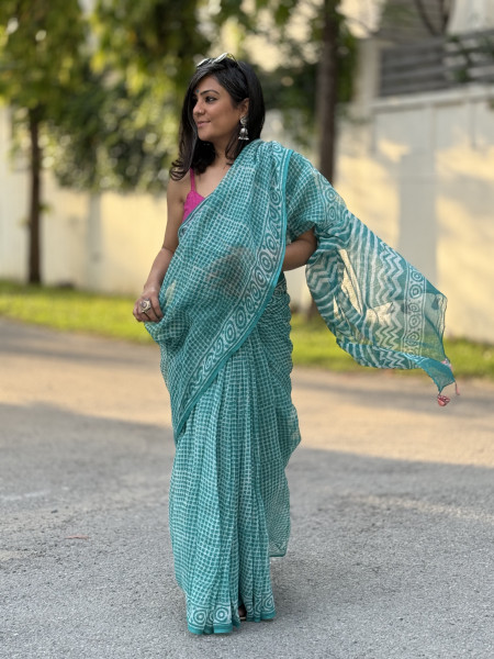 AQUA HAND BLOCK PRINT COTTON KOTA SARI