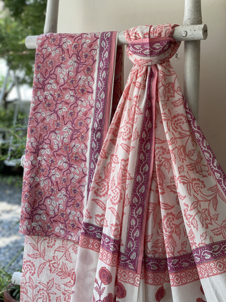 PEACH-PINK & OFF WHITE HAND BLOCK PRINT MUL COTTON DUPATTA SET