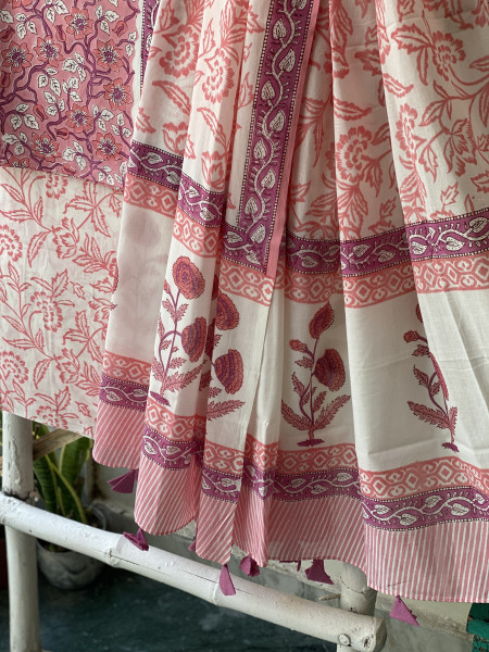 PEACH-PINK & OFF WHITE HAND BLOCK PRINT MUL COTTON DUPATTA SET