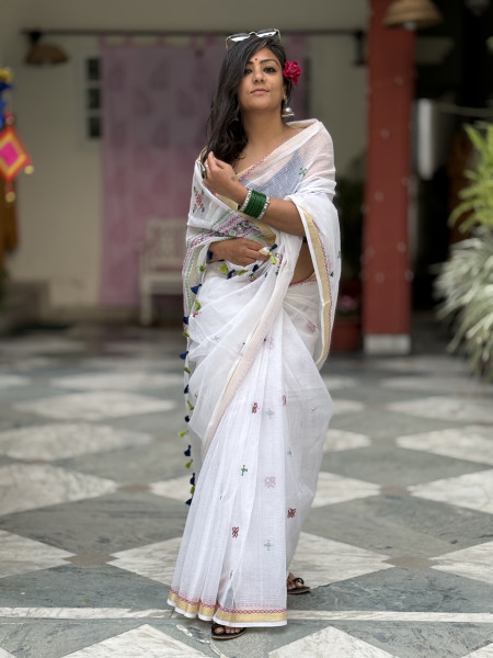 WHITE KOTA COTTON HAND EMBROIDERED SARI