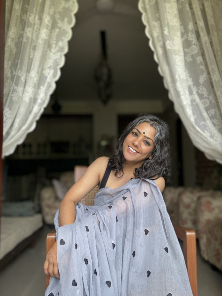 GREY COTTON MULMUL EMBROIDERED SARI