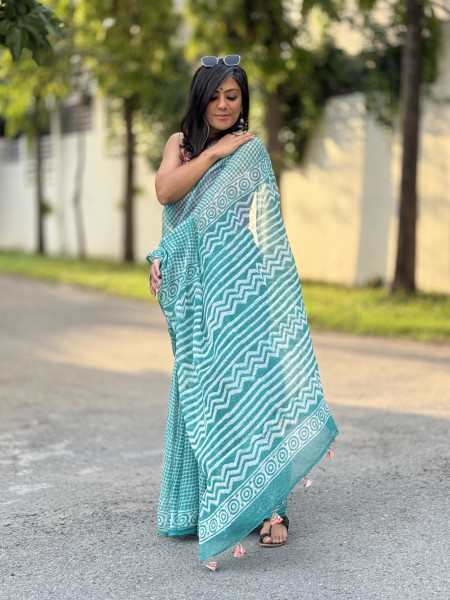 AQUA HAND BLOCK PRINT COTTON KOTA SARI