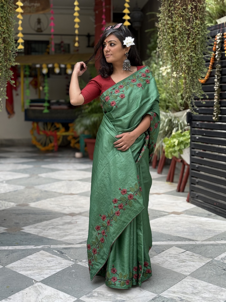 Image of GREEN  TUSSAR SILK HAND EMBROIDERED SARI
