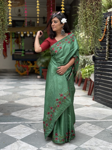 GREEN  TUSSAR SILK HAND EMBROIDERED SARI