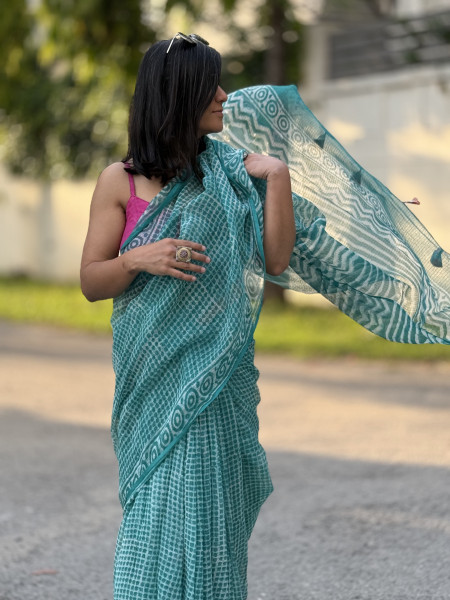 AQUA HAND BLOCK PRINT COTTON KOTA SARI