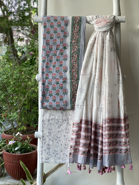 GREY & OFF WHITE HAND BLOCK PRINT MUL COTTON DUPATTA SET