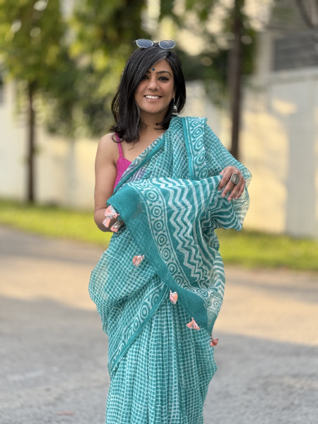 AQUA HAND BLOCK PRINT COTTON KOTA SARI