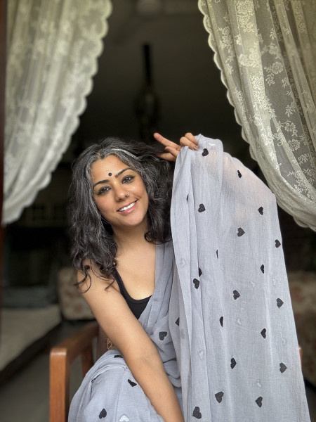 GREY COTTON MULMUL EMBROIDERED SARI
