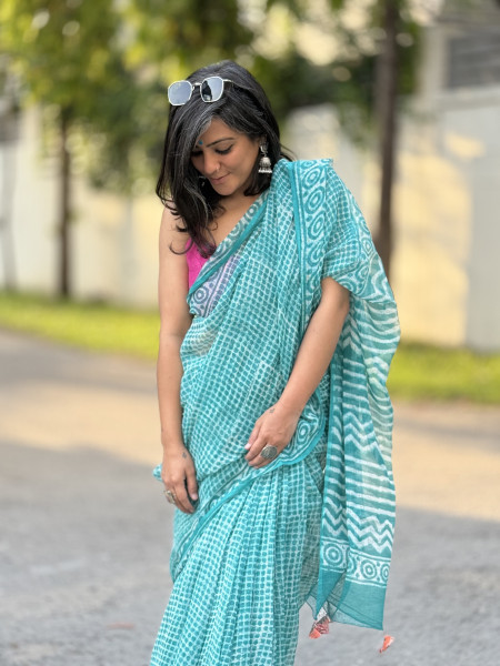 AQUA HAND BLOCK PRINT COTTON KOTA SARI