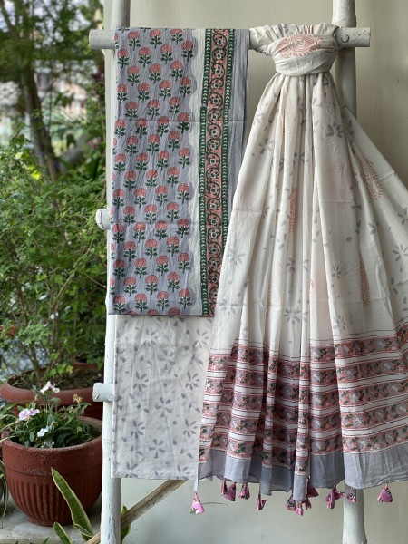 GREY & OFF WHITE HAND BLOCK PRINT MUL COTTON DUPATTA SET