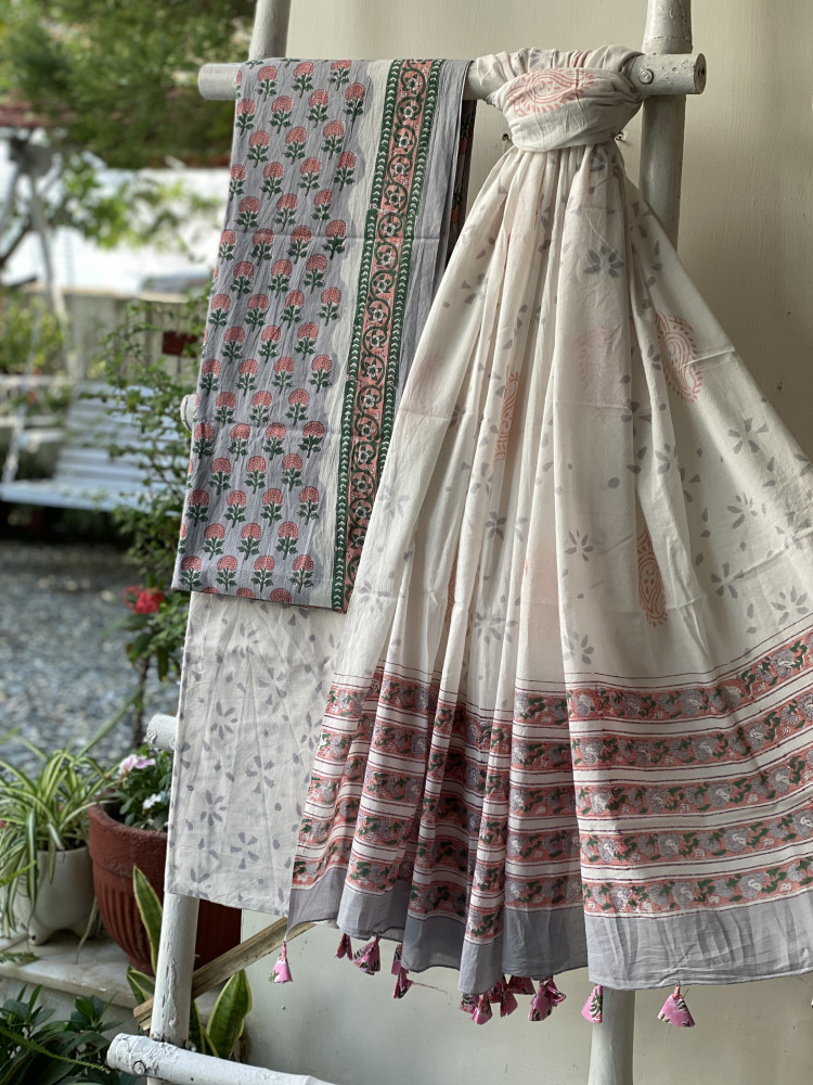 Image of GREY &amp; OFF WHITE HAND BLOCK PRINT MUL COTTON DUPATTA SET