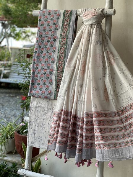 GREY & OFF WHITE HAND BLOCK PRINT MUL COTTON DUPATTA SET