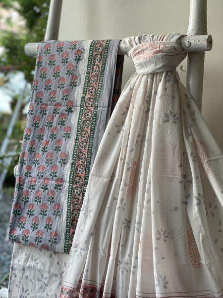 GREY & OFF WHITE HAND BLOCK PRINT MUL COTTON DUPATTA SET