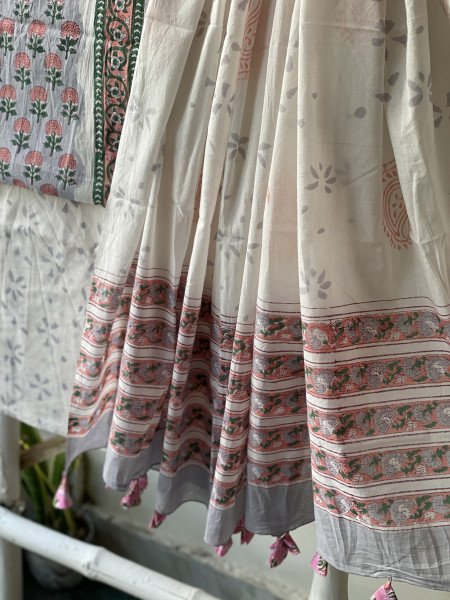 GREY & OFF WHITE HAND BLOCK PRINT MUL COTTON DUPATTA SET