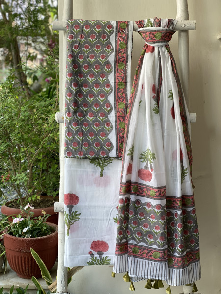 GREY & OFF WHITE HAND BLOCK PRINT MUL COTTON DUPATTA SET