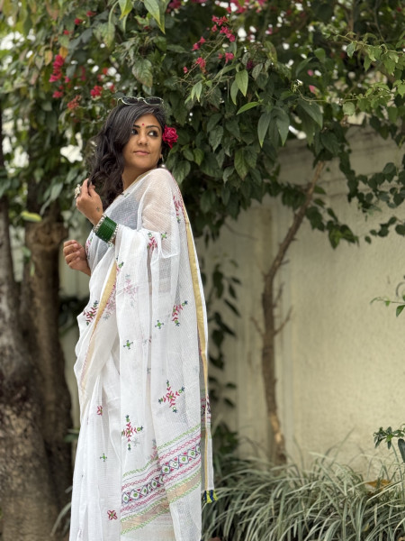 WHITE KOTA COTTON HAND EMBROIDERED SARI