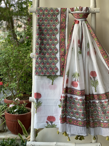 GREY & OFF WHITE HAND BLOCK PRINT MUL COTTON DUPATTA SET