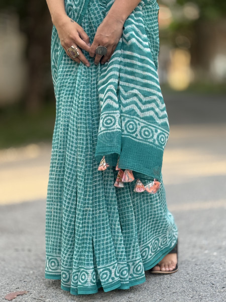 AQUA HAND BLOCK PRINT COTTON KOTA SARI