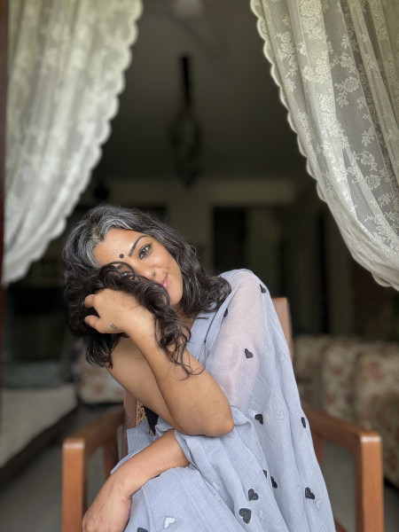 GREY COTTON MULMUL EMBROIDERED SARI