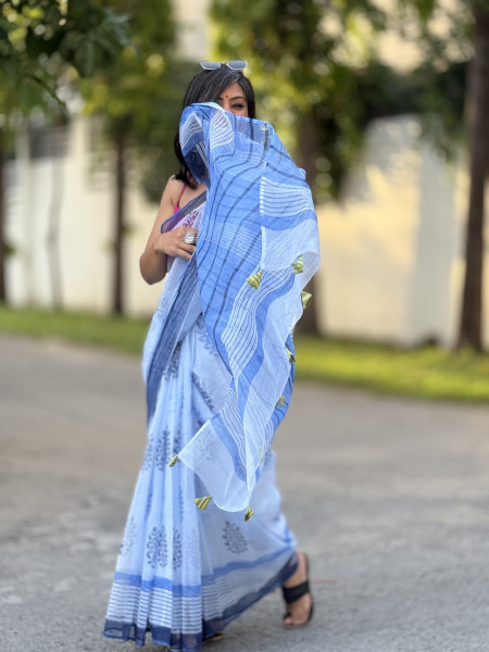 ICE BLUE HAND BLOCK PRINT COTTON KOTA SARI
