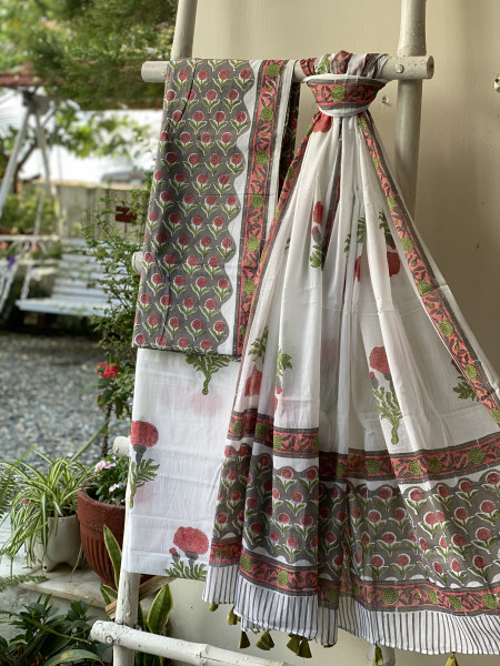 GREY & OFF WHITE HAND BLOCK PRINT MUL COTTON DUPATTA SET