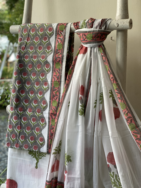 GREY & OFF WHITE HAND BLOCK PRINT MUL COTTON DUPATTA SET