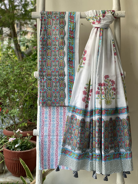 GREY & OFF WHITE HAND BLOCK PRINT MUL COTTON DUPATTA SET