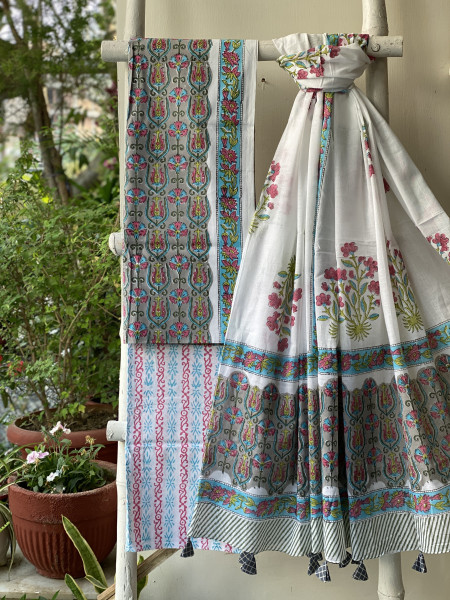 GREY & OFF WHITE HAND BLOCK PRINT MUL COTTON DUPATTA SET