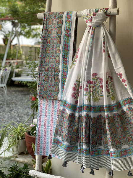 GREY & OFF WHITE HAND BLOCK PRINT MUL COTTON DUPATTA SET