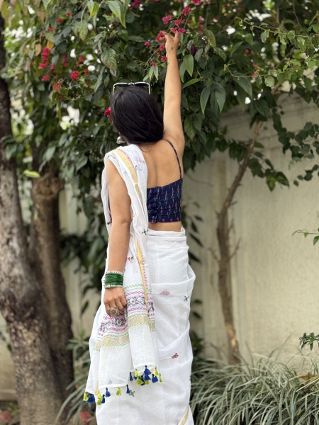 WHITE KOTA COTTON HAND EMBROIDERED SARI