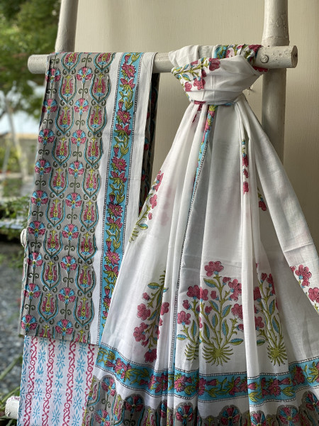 GREY & OFF WHITE HAND BLOCK PRINT MUL COTTON DUPATTA SET