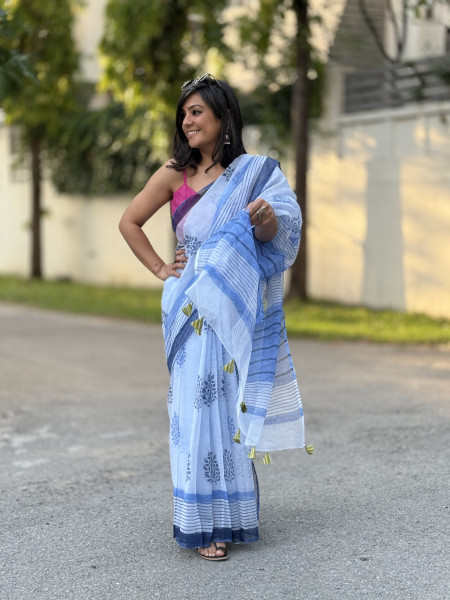ICE BLUE HAND BLOCK PRINT COTTON KOTA SARI
