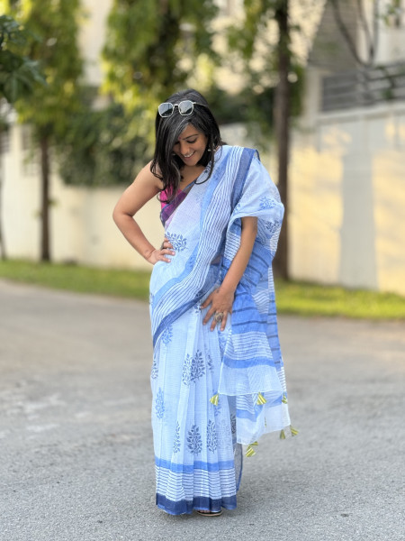 ICE BLUE HAND BLOCK PRINT COTTON KOTA SARI