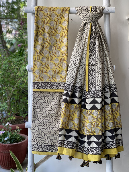 YELLOW & BEIGE HAND BLOCK PRINT MUL COTTON DUPATTA SET