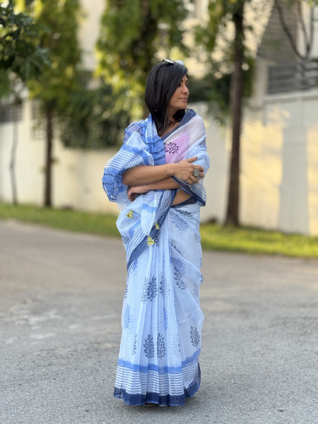 ICE BLUE HAND BLOCK PRINT COTTON KOTA SARI
